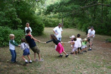 Enjoying an old-fashioned tug of war.