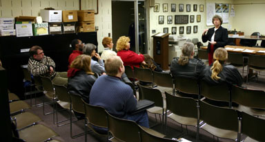 Assemblywoman Barbara Lifton talks to a small audience