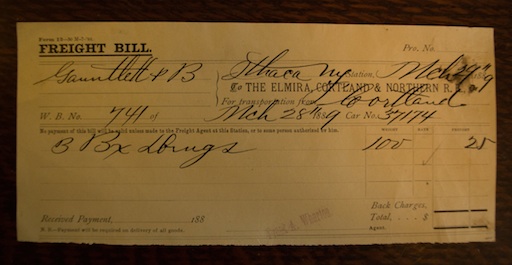 Freight Bill, Elmira, Cortland, & Northern, 1889