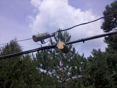 Remaining chunks of utility pole on wires.