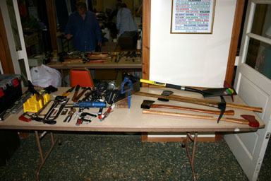 Tools at rummage sale, Varna Community Center